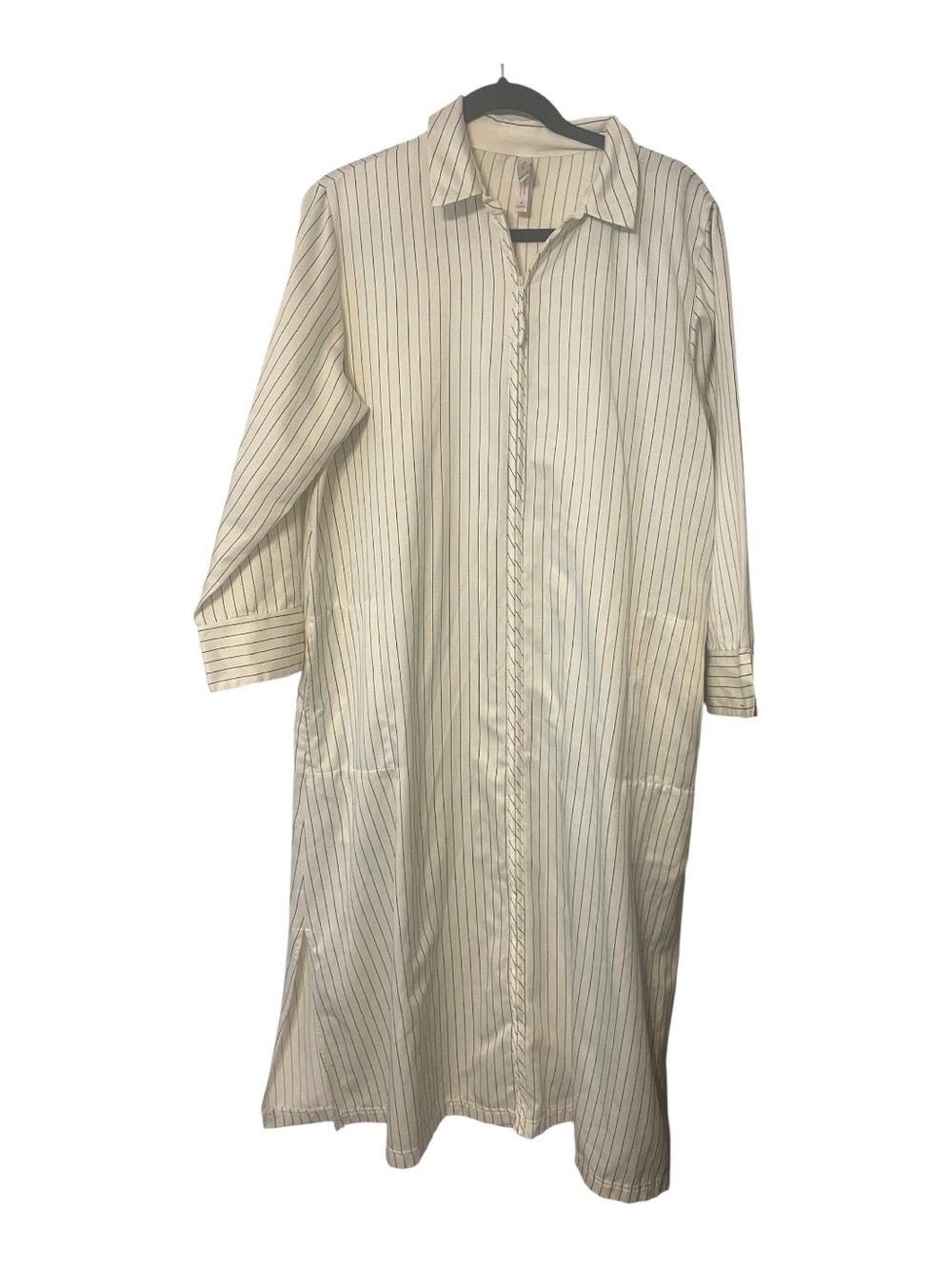 Striped Long Button-Up Shirt Dress in Cream and Navy